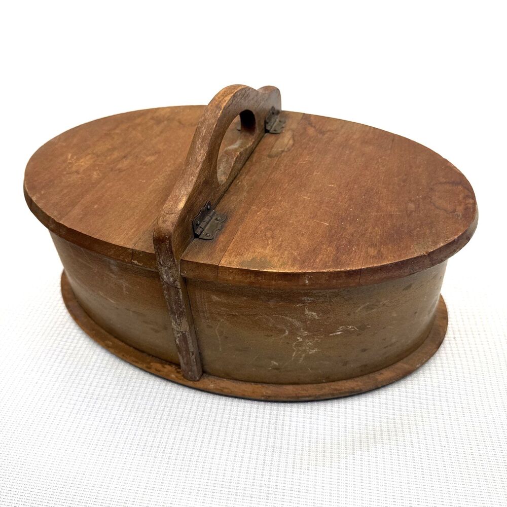 Vintage Bentwood Handmade Oval Wood 2 Compartment Unique Sewing Storage Box